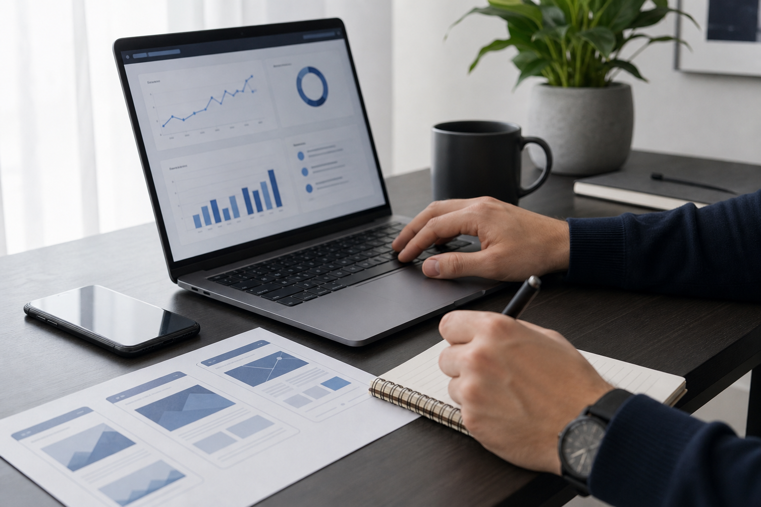 Arbeitsplatz mit Laptop, Analyse und Notizen zur digitalen Struktur